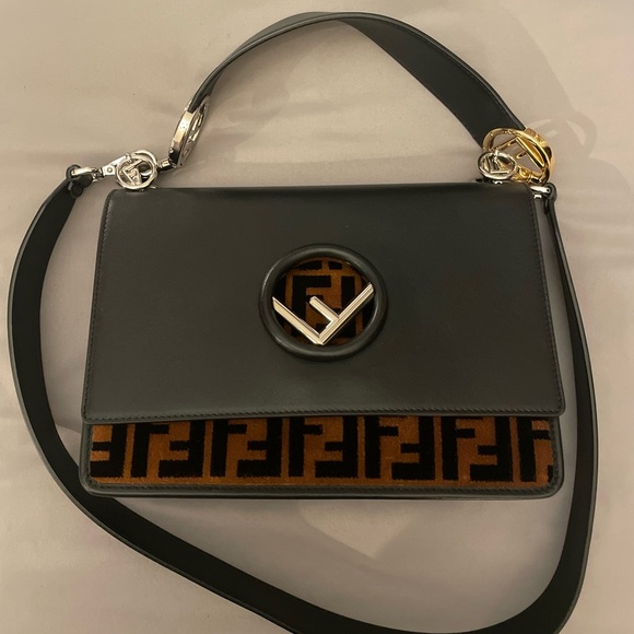 Fendi Logo Leather and Velvet Shoulder Bag - Picture 2 of 8